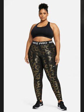 Nike Pro Dri-FIT Leggings 3X Black Gold Foil AOP Mid Rise Active NWT DX6356-010